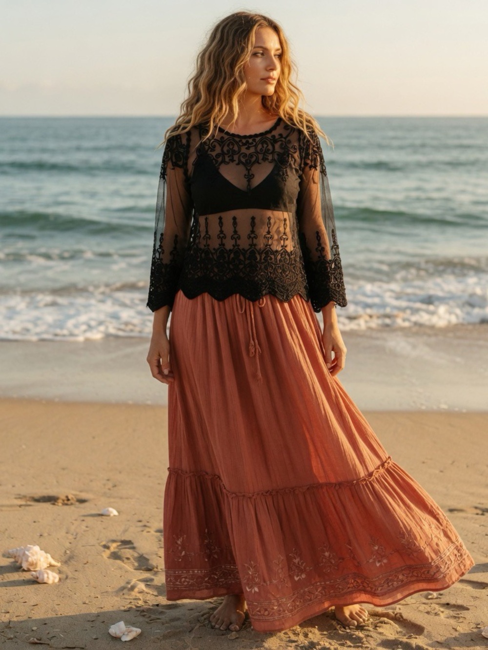 Vintage see through black top with embroidery